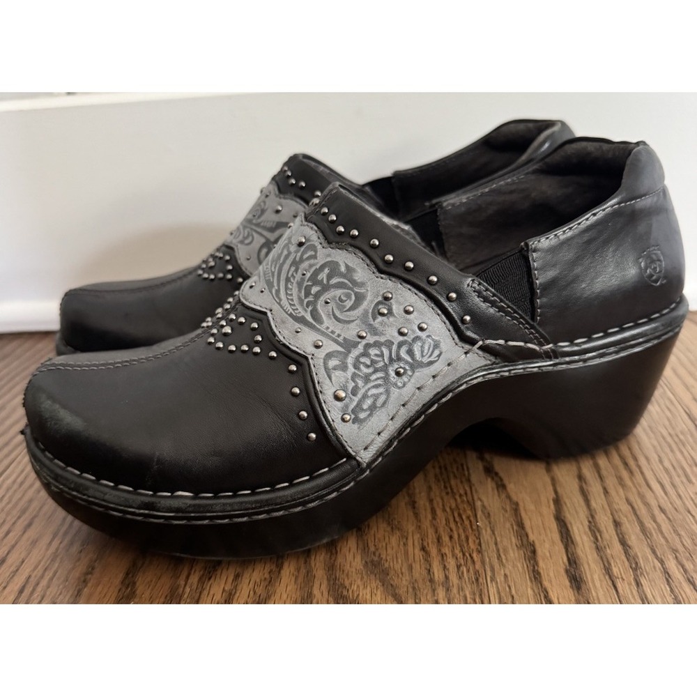 Ariat Tambour Women's 8.5 Black Leather Wedge Clogs Studded Western Shoes